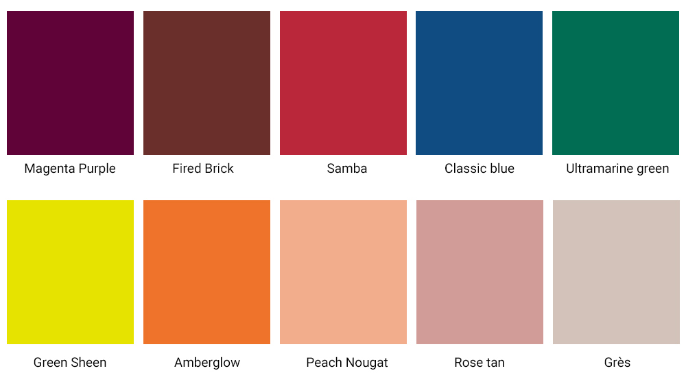 Les 10 tendances couleurs déco de l hiver 2021  : Violet Magenta Vert Ultramarine Peach Nougat Bleu classique Vert Sheen Amberglow Rose tan Samba Grès Brique cuite